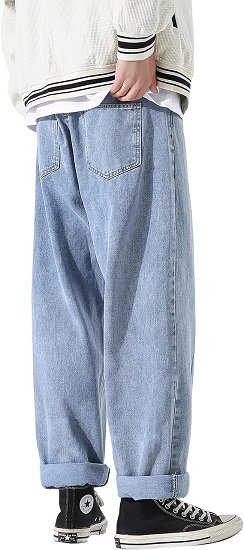 Men's Work Jeans Casual Hip Hop Cargo Solid Color Loose Fit Straight Wide Leg Cotton Denim Pants with Zipper