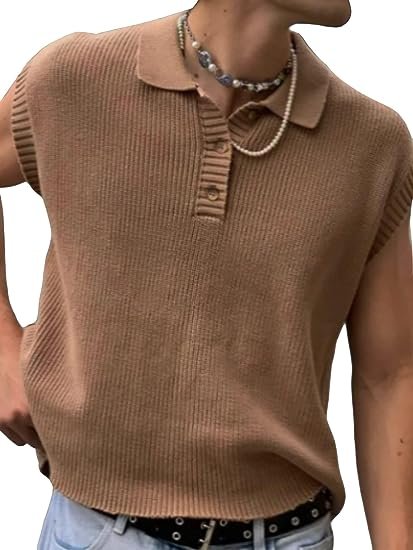 Men's Casual Ribbed Knit Sleeveless Button Front Collared Sweater Vest Top