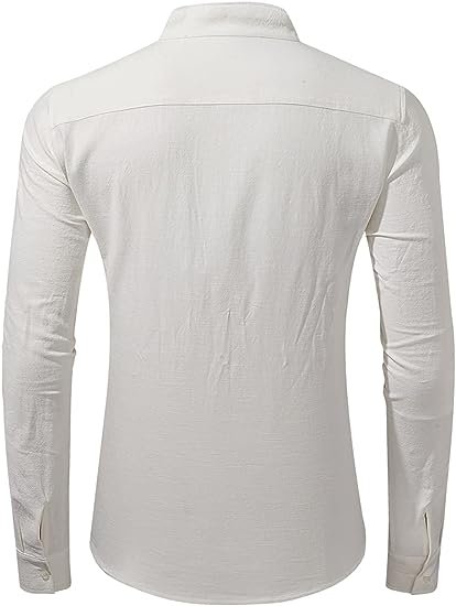 Mens Cotton Linen Shirts Summer Casual Long Sleeve Band Collar Button Down Beach Shirt