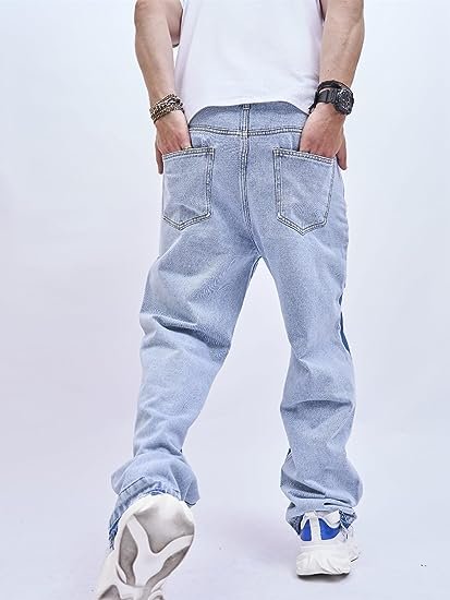Men's Loose Color Block Wide Leg Button Up Zipper Fly Casual Denim Pants