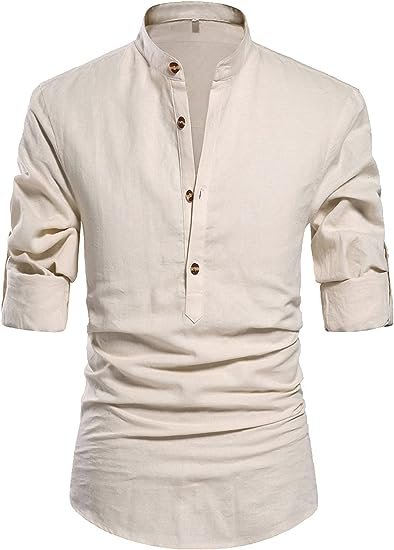 Men Henley Neck Long Sleeve Daily Look Linen Shirts