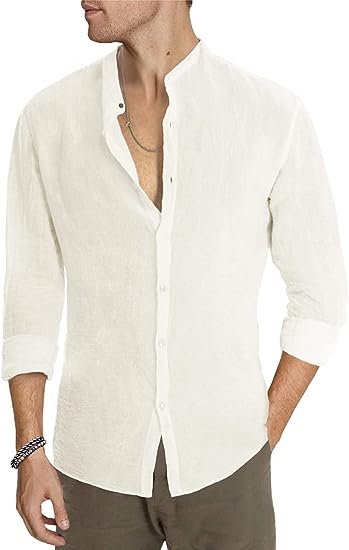 Mens Cotton Linen Shirts Summer Casual Long Sleeve Band Collar Button Down Beach Shirt